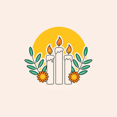Decorative candle illustration with floral elements and an orange background, suitable for various design projects and themes with flame