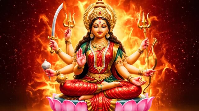 Powerful multi-armed Hindu Goddess on lotus, radiant fiery background. Divine feminine energy, spirituality, strength, and protection.