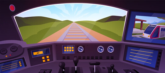 Interior view of a train driver's cabin, panoramic view from the window, tracks, and control panel. © sabelskaya