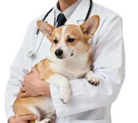 Unrecognizable Veterinarian Holding Corgi — Isolated on Transparent Background