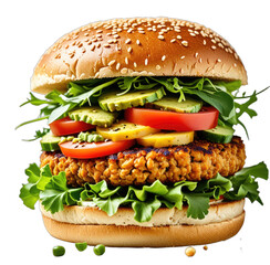 Stacked veggie burger tomatoes, greens, and sesame bun