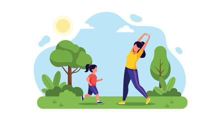 Adobe illustrator artwork vector illustration. Mother and daughter exercising outdoors in a park, promoting a healthy and active family lifestyle, enjoying nature together