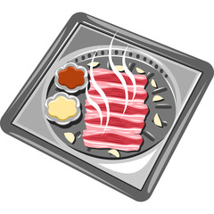 Raw Sliced Meat Cooking On A Griddle With Steam Rising Served With Two Sauces In A Square Tray