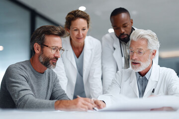 Focused medical team collaborating with a patient, reviewing charts and discussing treatment options. A picture of expertise, care, and modern healthcare solutions.