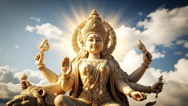 Majestic Hindu Goddess Idol with Radiant Halo, Divine Aura, and Blue Sky Background