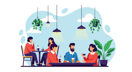 Adobe illustrator artwork vector illustration. Friends enjoying coffee and dessert at a cafe, depicting a social gathering and relaxed urban lifestyle