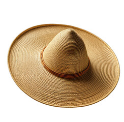 Large woven straw hat with wide brim and conical crown, isolated on black