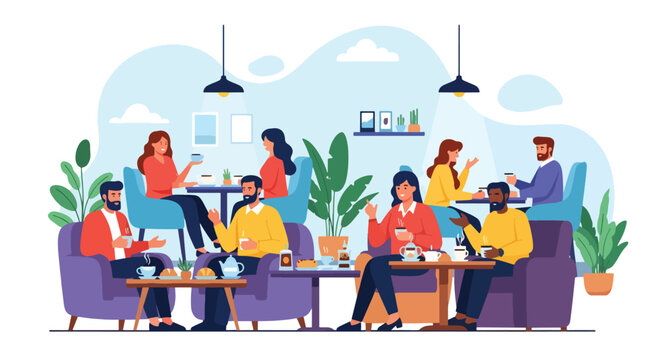 Adobe illustrator artwork vector illustration. Friends enjoying coffee and dessert at a cafe, depicting a social gathering and relaxed urban lifestyle