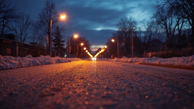 Glistening frost-covered road reflecting streetlights on suburban road, with snow piles and trees