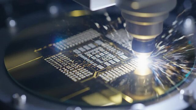 Laser etching a silicon wafer, sparks flying. Detailed shot of a microchip fabrication process