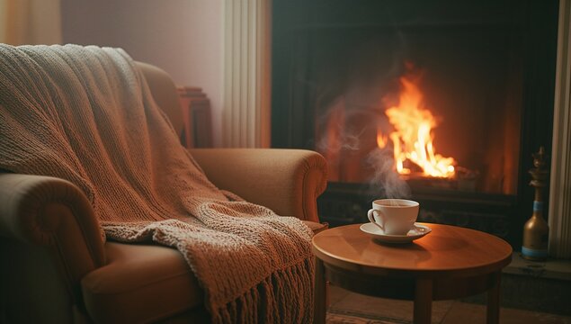 Steaming cup sitting on table in living room beside throw blanket and fireplace glow, copy space