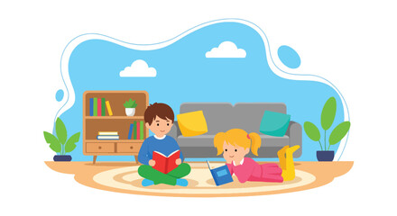 Adobe illustrator artwork vector illustration. Two happy children reading books at home, cozy living room interior with bookshelf and plants
