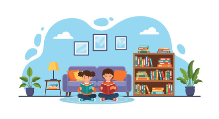 Adobe illustrator artwork vector illustration. Two happy children reading books at home, cozy living room interior with bookshelf and plants © Amie