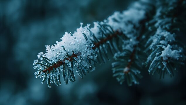 Shimmering conifer branch gleaming under fresh snow at coniferous forest, with ice crystals - Powered by Adobe