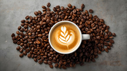 ラテアートとコーヒー豆のイメージ壁紙