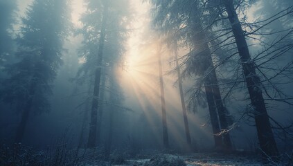 Obraz premium Filtering sun rays casting beams through central conifer trunks in frost forest, with dense fog