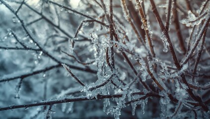 Obraz premium Displaying slender branches sparkling in winter forest, with ice crystals, icicles and frozen drops