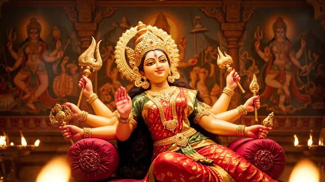 Divine Hindu Goddess with multiple arms, adorned in traditional jewelry, seated majestically amidst flickering oil lamps in a sacred temple