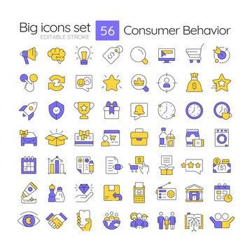 Consumer behavior line color icons set. Time management, target audience. Customer experience. Accounting, banking. Vector illustrations. Simple flat colorful symbols collection. Editable stroke