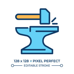 Forging line color icon. Blacksmith anvil and hammer. Metal processing industry. Handwork, metallurgy instruments. Isolated vector illustration. Flat colorful symbol design. Editable stroke