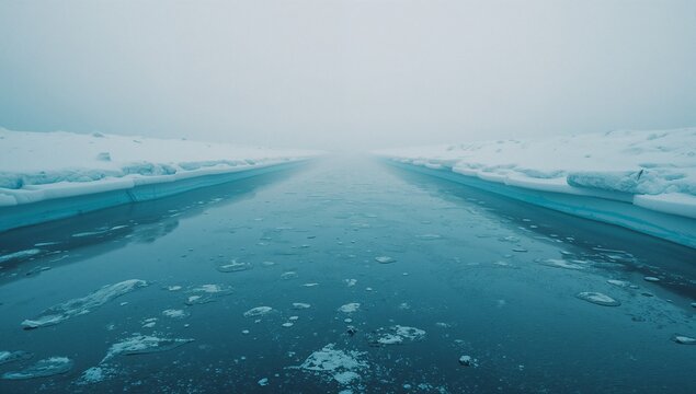 Icy waterway stretching into foggy horizon in canal, with floating ice chunks and snow embankments - Powered by Adobe