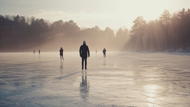 Gliding adult wearing dark winter coat, light beanie, skates on frozen lake at sunrise, with mist
