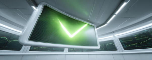 Futuristic control room with glowing monitors displaying green diagrams. A large central screen shows a bright checkmark. Perfect for technology, data, or success.