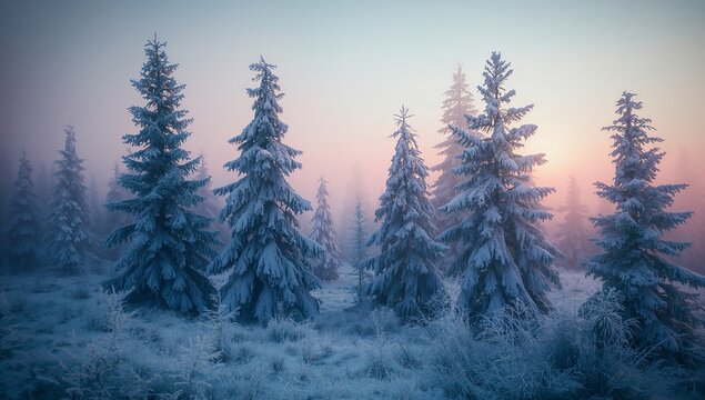 Displaying six frosted fir trees standing in winter forest clearing, with pastel sky and light mist