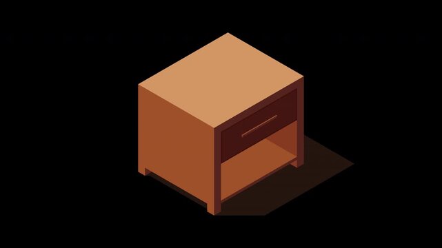 Isometric bedside table animation. Isometric nightstand. Wooden bedside table. Isometric bedroom furniture. Isometric home furniture. Transparent background with alpha channel