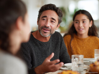 Obraz premium Warm family scene A father talks to his family at the table, daughter looking on. Represents togetherness, conversation, and shared moments. Ideal for lifestyle content.