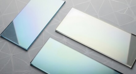 Three rectangular glass pieces iridescent and reflective for scientific or industrial applications