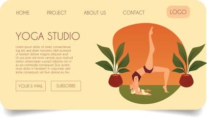 A landing page for a yoga studio website featuring a woman doing yoga poses.