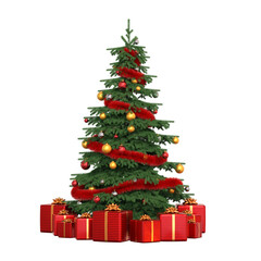 cadeaux de noël au pied d'un sapin décoré de boules et guirlandes - rendu 3D sur fond transparent