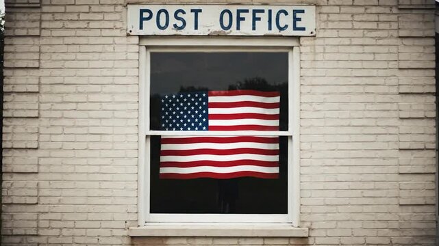 A small, brick building with a "POST OFFICE" sign, window displaying the American flag