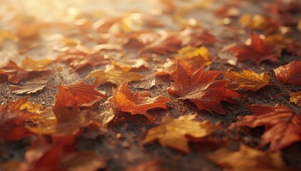 Glistening cluster of multi-colored fallen maple leaves lying on forest floor, with dew droplets