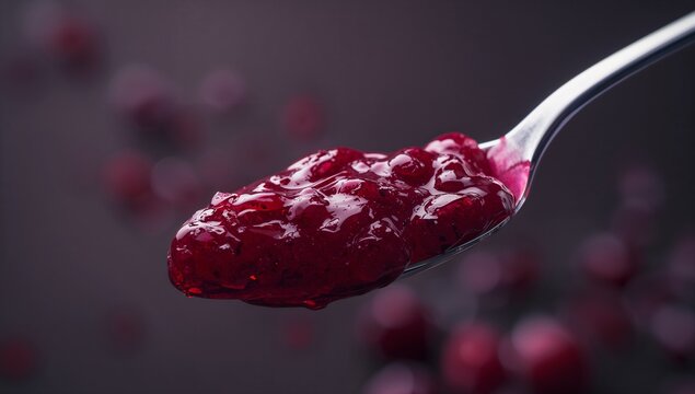 Holding silver spoon carrying glossy red berry jam in food photography studio, scattered berries