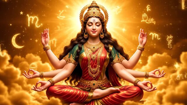 Divine Goddess Figure Meditating in Golden Cosmic Aura with Multiple Arms and Spiritual Symbols