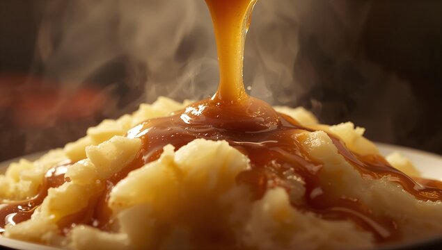 Displaying creamy mashed potatoes mound steaming on plate in studio with brown gravy streaming