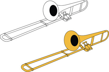 Trombone illustration, brass musical instrument drawing, orchestra band sketch, jazz music design, educational instrument outline, colored trombone artwork