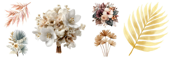 Watercolor floral collection featuring delicate blossoms, leaves, and decorative flower arrangements, ideal for elegant designs on transparent background