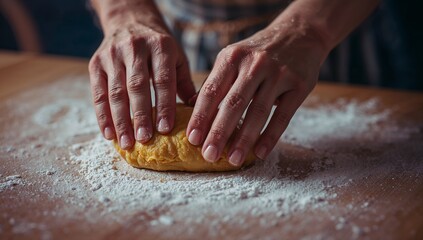 Shaping adult hands pressing yellow dough on flour-dusted kitchen countertop, featuring plaid apron