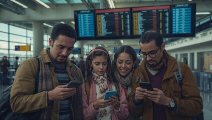 Group of four friends checking smartphones in departure hall, with backpacks and digital board