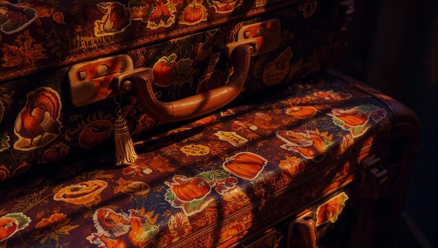 Vintage suitcases resting in dim corner, with leather handle, tassel, metal latches and fall stick - Powered by Adobe
