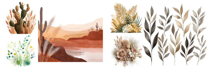 Watercolor painting set including deserts, golden leaves, cacti, branches, landscapes, flowers artistic design on transparent background