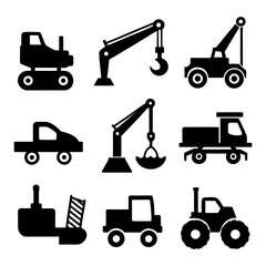 Bulldozer, Excavator, Truck, and Crane Hook on Black and White Background.