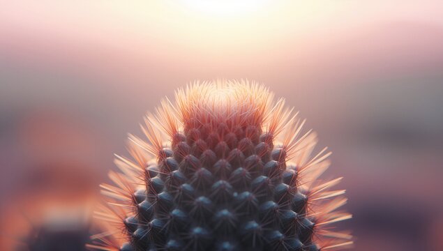 Highlighting cactus stem displaying needle-like spines in arid dawn, with pastel background - Powered by Adobe