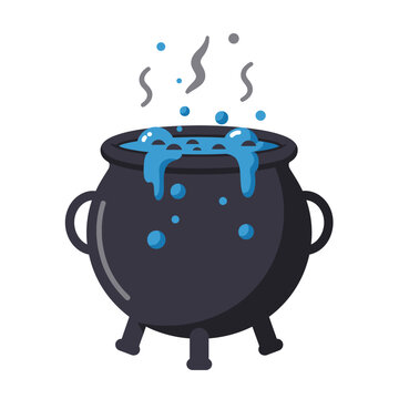 Halloween cauldron bubbling with blue potion, steam rising, a witch's brew, magical liquid, spooky, witchy, fantasy, and potion-making elements, ideal for party invitations or decorations