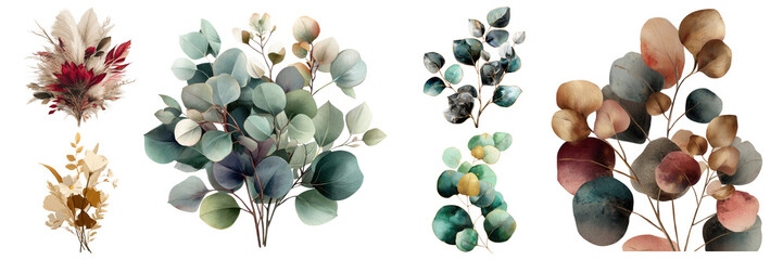 Elegant botanical collection featuring diverse floral arrangements and eucalyptus branches, watercolor style depicted on transparent background