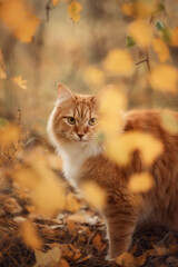 A photo of a funny red cat in an autumn forest.
