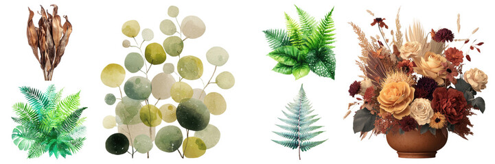Collection of assorted floral elements including ferns, coin plant, roses, and dried foliage on transparent background